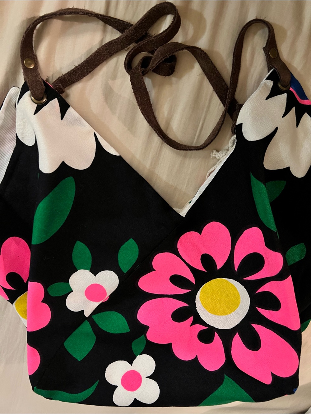 One of a Kind Made in Hawaii Vintage Fabric Farmers Market Bag w/Suede straps